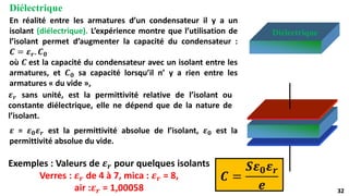 32
32
Diélectrique
Diélectrique
En réalité entre les armatures d’un condensateur il y a un
isolant (diélectrique). L’expérience montre que l’utilisation de
l’isolant permet d’augmenter la capacité du condensateur :
𝑪 = 𝜺𝒓. 𝑪𝟎
où 𝑪 est la capacité du condensateur avec un isolant entre les
armatures, et 𝑪𝟎 sa capacité lorsqu’il n’ y a rien entre les
armatures « du vide »,
𝑪 =
𝑺𝜺𝟎𝜺𝒓
𝒆
𝜺 = 𝜺𝟎𝜺𝒓 est la permittivité absolue de l’isolant, 𝜺𝟎 est la
permittivité absolue du vide.
Exemples : Valeurs de 𝜺𝒓 pour quelques isolants
Verres : 𝜺𝒓 de 4 à 7, mica : 𝜺𝒓 = 8,
air :𝜺𝒓 = 1,00058
𝜺𝒓 sans unité, est la permittivité relative de l’isolant ou
constante diélectrique, elle ne dépend que de la nature de
l’isolant.
 