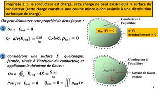 7
7
Propriété 2: Si le conducteur est chargé, cette charge ne peut exister qu’à la surface du
conducteur (cette charge constitue une couche mince qu’on assimile à une distribution
surfacique de charge).
On peut démontrer cette propriété de deux façons :
On a 𝑬𝒊𝒏𝒕 = 𝟎
Or div(𝑬𝒊𝒏𝒕) =
𝝆𝒊𝒏𝒕
𝜺𝟎
C.-à-d. 𝝆𝒊𝒏𝒕 = 𝟎
+
+
+
+
+
+
+ +
+
+
+
+
+
+
+
+
+
+
+
+
+ +
+ + +
+
+
+
+
+
+
+
+
+
+
+
+
+
+
+
+
+
+
+
Conducteur à
l’équilibre
𝝆𝒊𝒏𝒕(𝒓) = 𝟎 𝝈(𝒓)
éventuellement ≠ 𝟎
+
+
+
+
+
+
+ +
+
+
+
+
+
+
+
+
+
+
+
+
+ +
+ + +
+
+
+
+
+
+
+
+
+
+
+
+
+
+
+
+
+
+
Conducteur à
l’équilibre
Surface de Gauss
interne

+
𝝆𝒊𝒏𝒕 = 𝟎
Considérons une surface 𝜮 quelconque,
fermée, située à l’intérieur du conducteur, et
appliquons le théorème de Gauss :
On a ‫װ‬
𝚺
𝑬𝒊𝒏𝒕 ∙ 𝒅𝑺 =
𝑸𝒊𝒏𝒕
𝜺𝟎
Puisque 𝑬𝒊𝒏𝒕 = 𝟎 𝑸𝒊𝒏𝒕 = 𝟎 = ම 𝝆𝒊𝒏𝒕𝒅𝒗
1
2
 
