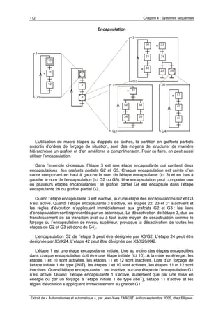 112 Chapitre 4 : Systèmes séquentiels
Extrait de « Automatismes et automatique », par Jean-Yves FABERT, édition septembre 2005, chez Ellipses
Encapsulation
31
32 33
34 35
1
2
3
10
11
12
41
42
43
20
21
22
23
24
25 26
G1
1
∗
∗
∗
∗
∗
G2
3
G4
26
G3
3
L’utilisation de macro-étapes ou d’appels de tâches, la partition en grafcets partiels
assortis d’ordres de forçage de situation, sont des moyens de structurer de manière
hiérarchique un grafcet et d’en améliorer la compréhension. Pour ce faire, on peut aussi
utiliser l’encapsulation.
Dans l’exemple ci-dessus, l’étape 3 est une étape encapsulante qui contient deux
encapsulations : les grafcets partiels G2 et G3. Chaque encapsulation est ceinte d’un
cadre comportant en haut à gauche le nom de l’étape encapsulante (ici 3) et en bas à
gauche le nom de l’encapsulation (ici G2 ou G3). Une encapsulation peut comporter une
ou plusieurs étapes encapsulantes : le grafcet partiel G4 est encapsulé dans l’étape
encapsulante 26 du grafcet partiel G2.
Quand l’étape encapsulante 3 est inactive, aucune étape des encapsulations G2 et G3
n’est active. Quand l’étape encapsulante 3 s’active, les étapes 22, 23 et 31 s’activent et
les règles d’évolution s’appliquent immédiatement aux grafcets G2 et G3 : les liens
d’encapsulation sont représentés par un astérisque. La désactivation de l’étape 3, due au
franchissement de sa transition aval ou à tout autre moyen de désactivation comme le
forçage ou l’encapsulation de niveau supérieur, provoque la désactivation de toutes les
étapes de G2 et G3 (et donc de G4).
L’encapsulation G2 de l’étape 3 peut être désignée par X3/G2. L’étape 24 peut être
désignée par X3/X24. L’étape 42 peut être désignée par X3/X26/X42.
L’étape 1 est une étape encapsulante initiale. Une au moins des étapes encapsulées
dans chaque encapsulation doit être une étape initiale (ici 10). A la mise en énergie, les
étapes 1 et 10 sont activées, les étapes 11 et 12 sont inactives. Lors d’un forçage de
l’étape initiale 1 de type {INIT}, les étapes 1 et 10 sont activées, les étapes 11 et 12 sont
inactives. Quand l’étape encapsulante 1 est inactive, aucune étape de l’encapsulation G1
n’est active. Quand l’étape encapsulante 1 s’active, autrement que par une mise en
énergie ou par un forçage à l’étape initiale 1 de type {INIT}, l’étape 11 s’active et les
règles d’évolution s’appliquent immédiatement au grafcet G1.
 