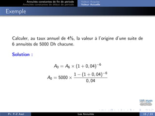 Annuités constantes de fin de période
Annuités constantes de début de période
Valeur Acquise
Valeur Actuelle
Exemple
Calculer, au taux annuel de 4%, la valeur à l’origine d’une suite de
6 annuités de 5000 Dh chacune.
Solution :
A0 = A6 × (1 + 0, 04)−6
A0 = 5000 ×
1 − (1 + 0, 04)−6
0, 04
Pr. F-Z Aazi Les Annuités 15 / 23
 