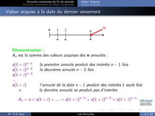 Annuités constantes de fin de période
Annuités constantes de début de période
Valeur Acquise
Valeur Actuelle
Valeur acquise à la date du dernier versement
Démonstration :
An est la somme des valeurs acquises des n annuités :
a(1 + i)n−1
la première annuité produit des intérêts n − 1 fois
a(1 + i)n−2
la deuxième annuité n − 2 fois
a(1 + i)n−3
...
a(1 + i) l’annuité de la date n − 1 produit des intérêts 1 seule fois
a la dernière annuité ne produit pas d’intérêts
An = a + a(1 + i) + .... + a(1 + i)n−3
+ a(1 + i)n−2
+ a(1 + i)n−1
Pr. F-Z Aazi Les Annuités 6 / 23
 