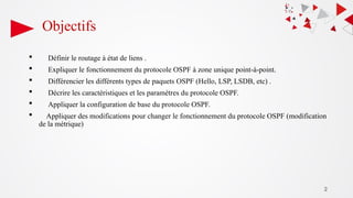 2
Objectifs
 Définir le routage à état de liens .
 Expliquer le fonctionnement du protocole OSPF à zone unique point-à-point.
 Différencier les différents types de paquets OSPF (Hello, LSP, LSDB, etc) .
 Décrire les caractéristiques et les paramètres du protocole OSPF.
 Appliquer la configuration de base du protocole OSPF.
 Appliquer des modifications pour changer le fonctionnement du protocole OSPF (modification
de la métrique)
 