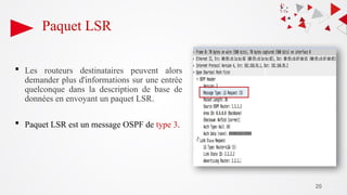 20
Paquet LSR
 Les routeurs destinataires peuvent alors
demander plus d'informations sur une entrée
quelconque dans la description de base de
données en envoyant un paquet LSR.
 Paquet LSR est un message OSPF de type 3.
 