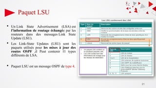 21
Paquet LSU
 Un Link State Advertisement (LSA) est
l’information de routage échangée par les
routeurs dans des messages Link State
Update (LSU).
 Les Link-State Updates (LSU) sont les
paquets utilisés pour les mises à jour des
routes OSPF ,il Peut contenir 11 types
différents de LSA.
 Paquet LSU est un message OSPF de type 4.
 