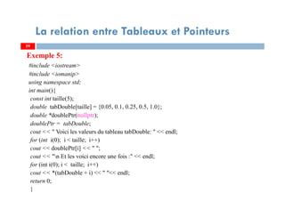 Exemple 5:
#include <iostream>
#include <iomanip>
using namespace std;
int main(){
const int taille(5);
double tabDouble[taille] = {0.05, 0.1, 0.25, 0.5, 1.0};
double *doublePtr(nullptr);
doublePtr = tabDouble;
cout << " Voici les valeurs du tableau tabDouble: " << endl;
for (int i(0); i < taille; i++)
cout << doublePtr[i] << " ";
cout << "n Et les voici encore une fois :" << endl;
for (int i(0); i < taille; i++)
cout << *(tabDouble + i) << " "<< endl;
return 0;
}
5959
La relation entre Tableaux et Pointeurs
 