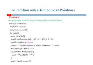 Exemple 6:
// Ce programme utilise l’adresse de chaque élément dans le tableau.
#include <iostream>
#include <iomanip>
using namespace std;
int main(){
const int taille(5);
double tabDouble[taille] = {0.05, 0.1, 0.25, 0.5, 1.0};
double *doublePtr(nullptr);
cout << " Voici les valeurs du tableau tabDouble :" << endl;
for (int i(0); i < taille; i++)
{ doublePtr = &tabDouble[i];
cout << *doublePtr << " ";
}
cout << endl; return 0;}
6161
La relation entre Tableaux et Pointeurs
 