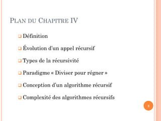  Définition
 Évolution d’un appel récursif
 Types de la récursivité
 Paradigme « Diviser pour régner »
 Conception d’un algorithme récursif
 Complexité des algorithmes récursifs
2
PLAN DU CHAPITRE IV
 
