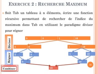 33
EXERCICE 2 : RECHERCHE MAXIMUM
 Soit Tab un tableau à n éléments, écrire une fonction
récursive permettant de rechercher de l’indice du
maximum dans Tab en utilisant le paradigme diviser
pour régner
5 8 1 10
5 8 1 10
5 8 1 10
8 10
10
DiviserRégner
Combiner
 