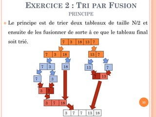 35
 Le principe est de trier deux tableaux de taille N/2 et
ensuite de les fusionner de sorte à ce que le tableau final
soit trié.
EXERCICE 2 : TRI PAR FUSION
PRINCIPE
7 3 18 13 7
7 3 18 13 7
3 7 18
3 7 7 13 18
7
3 7
3
187 3
7 13
13 7
 