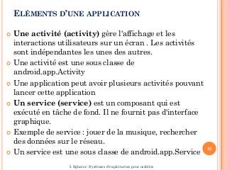 ELÉMENTS D’UNE APPLICATION
 Une activité (activity) gère l'affichage et les
interactions utilisateurs sur un écran . Les activités
sont indépendantes les unes des autres.
 Une activité est une sous classe de
android.app.Activity
 Une application peut avoir plusieurs activités pouvant
lancer cette application
 Un service (service) est un composant qui est
exécuté en tâche de fond. Il ne fournit pas d'interface
graphique.
 Exemple de service : jouer de la musique, rechercher
des données sur le réseau.
 Un service est une sous classe de android.app.Service
15
I. Sghaier- Systèmes d'exploitation pour mobiles
 