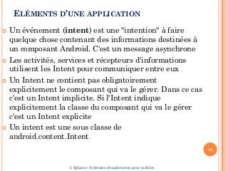 ELÉMENTS D’UNE APPLICATION
 Un événement (intent) est une "intention" à faire
quelque chose contenant des informations destinées à
un composant Android. C'est un message asynchrone
 Les activités, services et récepteurs d'informations
utilisent les Intent pour communiquer entre eux
 Un Intent ne contient pas obligatoirement
explicitement le composant qui va le gérer. Dans ce cas
c'est un Intent implicite. Si l'Intent indique
explicitement la classe du composant qui va le gérer
c'est un Intent explicite
 Un intent est une sous classe de
android.content.Intent
18
I. Sghaier- Systèmes d'exploitation pour mobiles
 