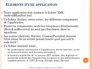 ELÉMENTS D’UNE APPLICATION
 Toute application doit contenir le fichier XML
AndroidManifest.xml
 Ce fichier déclare, entre autre, les différents composants
de l'application
 Parmi les composants, seuls les récepteurs d'évènements
(BroadcastReceiver) ne sont pas forcément dans le
manifeste.
 Les autres (Activity, Service, ContentProvider) doivent
l'être sinon ils ne seront jamais lancés quel que soit le
code écrit !
 Ce fichier contient aussi :
 les permissions nécessaires à l'application (accès internet, accès
en lecture/écriture aux données partagées)
 le numéro minimum de la version API utilisée, des logiciels et
matériels utilisés par l'application (caméra) et des bibliothèques
supplémentaires à l'API de base (Google maps library) 20
I. Sghaier- Systèmes d'exploitation pour mobiles
 