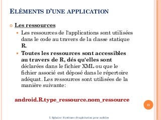 ELÉMENTS D’UNE APPLICATION
 Les ressources
 Les ressources de l'applications sont utilisées
dans le code au travers de la classe statique
R.
 Toutes les ressources sont accessibles
au travers de R, dés qu'elles sont
déclarées dans le fichier XML ou que le
fichier associé est déposé dans le répertoire
adéquat. Les ressources sont utilisées de la
manière suivante:
android.R.type_ressource.nom_ressource
21
I. Sghaier- Systèmes d'exploitation pour mobiles
 