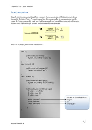 Chapitre5 : Les Objets dans Java


Le polymorphisme

Le polymorphisme permet de définir plusieurs formes pour une méthode commune à une
hiérarchie d'objets. C'est à l'exécution que l'on détermine quelle forme appeler suivant la
classe de l'objet courant.Un code qui n'utiliserait pas le polymorphisme pourrait utiliser une
instruction à choix multiple suivant la classe des objets rencontrés.




Voici un exemple pour mieux comprendre :


              class A {

                      public static void message ( ) {
                        System.out.println(“ bonjour “) ;
                      }
              }
              class B extends A {

                      public static void message ( ) {
                        System.out.println(“ Mr “) ;
                      }
              }
              class C extends B {

                      public static void message ( ) {
                        System.out.println(“ BOUHOUCHI“) ;
                      }

                      Public static void main(String() args){
                        A aobjet = new A ( ) ;
                        B bobjet =new B ( ) ;
                        C cobjet =new C ( ) ;
                                                                             Résultat de la méthode main :
                              aobjet.message();                              Bonjour
                              bobjet.message();                              Mr
                              cobjet.message();                              BOUHOUCHI

                          }
              }




                                                                                                   20
Riadh BOUHOUCHI
 