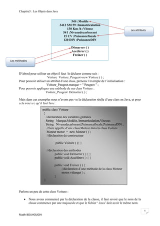 Chapitre5 : Les Objets dans Java


                                                  54S :Modèle
                                         3412 SM 59 :Immatriculation
                                              130 Km /h :Vitesse                               Les attributs
                                           54 l :Niveaudecarburant
                                            15 CV :Puissancefiscale
                                           120 DIN :PuissanceDIN

                                                 Démarrer ( )
                                                 Accélérer ( )
                                                  Freiner ( )
Les méthodes



      D’abord pour utiliser un objet il faut le déclarer comme suit :
                            Voiture Voiture_Peugeot=new Voiture ( ) ;
      Pour pouvoir utiliser un attribut d’une class, prenons l’exemple de l’initialisation :
                            Voiture_Peugeot.marque = " Peugeot " ;
      Pour pouvoir appliquer une méthode de ma class Voiture :
                           Voiture_Peugeot. Démarrer ( ) ;

      Mais dans ces exemples nous n’avons pas vu la déclaration réelle d’une class en Java, et pour
      cela voici ce qu’il faut faire :
                         public class Voiture
                          {
                            //déclaration des variables globales
                            String Marque,Modèle, Immatriculation,Vitesse;
                            String Niveaudecarburant,Puissancefiscale,PuissanceDIN ;
                             //faire appelle d’une class Moteur dans la class Voiture
                             Moteur motor = new Moteur ( ) ;
                             //déclaration du constructeur

                                     public Voiture ( ){ }

                              //déclaration des méthodes
                                     public void Démarrer ( ) { }
                                     public void Accélérer ( ) { }

                                    public void Freiner ( ) {
                                         //déclaration d’une méthode de la class Moteur
                                         motor.vidange( ) ;
                                    }
                          }


      Parlons un peu de cette class Voiture :

              Nous avons commencé par la déclaration de la classe, il faut savoir que le nom de la
               classe commence par une majuscule et que le fichier ‘.Java’ doit avoir le même nom.

                                                                                                          6
      Riadh BOUHOUCHI
 