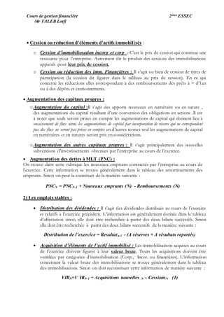 Cours de gestion financière 2ème ESSEC
Mr TALEB Lotfi
 Cession ou réduction d’éléments d’actifs immobilisés :
o Cession d’immobiliosation incorp et corp : C’est le prix de cession qui constitue une
ressource pour l’entreprise. Autrement dit le produit des cessions des immobilisations
apparaît pour leur prix de cession.
o Cession ou réduction des imm. Financières : Il s’agit ou bien de cession de titres de
participation (la cession dit figurer dans le tableau au prix de cession). En ce qui
concerne les réductions elles correspondant à des remboursements des prêts à + d’1an
ou à des dépôts et cautionnements.
 Augmentation des capitaux propres :
oAugmentation du capital :Il s’agit des apports nouveaux en numéraire ou en nature ,
des augmentations du capital résultant d’une conversion des obligations en actions .Il est
à noter que seuls seront prises en compte les augmentations de capital qui donnent lieu à
encaissement de flux ainsi les augmentations de capital par incorporation de réserve qui ne correspondent
pas des flux ne seront pas prises en comptes en d’autres termes seul les augmentations de capital
en numéraires et en natures seront pris en considérations.
oAugmentation des autres capitaux propres : Il s’agit principalement des nouvelles
subventions d’investissements obtenues par l’entreprise au cours de l’exercice.
 Augmentation des dettes à MLT (PNC) :
On trouve dans cette rubrique les nouveaux emprunts contractés par l’entreprise au cours de
l’exercice. Cette information se trouve généralement dans le tableau des amortissements des
emprunts. Sinon on peut la constituer de la manière suivante :
PNCN = PNCN-1 + Nouveaux emprunts (N) - Remboursements (N)
2) Les emplois stables :
 Distribution des dividendes : Il s’agit des dividendes distribués au cours de l’exercice
et relatifs à l’exercice précèdent. L’information est généralement donnée dans le tableau
d’affectation sinon elle doit être recherchée à partir des deux bilans successifs. Sinon
elle doit être recherchée à partir des deux bilans successifs de la manière suivante :
Distribution de l’exercice = Resultatn-1 - (Δ réserves + Δ résultats reportés)
 Acquisition d’éléments de l’actif immobilisé : Les immobilisations acquises au cours
de l’exercice doivent figurer à leur valeur brute. Touts les acquisitions doivent être
ventilées par catégories d’immobilisation (Corp., Incor. ou financières). L’information
concernant la valeur brute des immobilisations se trouve généralement dans le tableau
des immobilisations. Sinon on doit reconstituer cette information de manière suivante :
VIBN=V IBN-1 + Acquisitions nouvelles N – CessionsN (1)
 