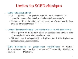 15
Limites des SGBD classiques
• SGBD Relationnels offrent :
– Un système de jointure entre les tables permettant de
construire des requêtes complexes impliquant plusieurs entités.
– Un système d’intégrité référentielle permettant de s’assurer que les liens
entre les entités sont valides.
• Contexte fortement distribué : Ces mécanismes ont un coût considérable :
– Avec la plupart des SGBD relationnels, les données d’une BD liées entre
elles sont placées sur le même nœud du serveur.
– Si le nombre de liens important, il est de plus en plus difficile de placer les
données sur des nœuds différents.
• SGBD Relationnels sont généralement transactionnels ⇒ Gestion
de transactions respectant les contraintes ACID (Atomicity, Consistency,
Isolation, Durability).
 