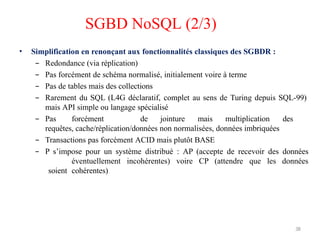 • Simplification en renonçant aux fonctionnalités classiques des SGBDR :
– Redondance (via réplication)
– Pas forcément de schéma normalisé, initialement voire à terme
– Pas de tables mais des collections
– Rarement du SQL (L4G déclaratif, complet au sens de Turing depuis SQL-99)
mais API simple ou langage spécialisé
– Pas forcément de jointure mais multiplication des
requêtes, cache/réplication/données non normalisées, données imbriquées
– Transactions pas forcément ACID mais plutôt BASE
– P s’impose pour un système distribué : AP (accepte de recevoir des données
éventuellement incohérentes) voire CP (attendre que les données
soient cohérentes)
38
SGBD NoSQL (2/3)
 