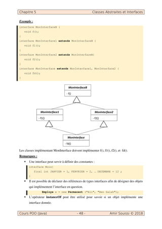 Exemple :
interface MonInterfaceB {
void f();
}
interface MonInterface1 extends MonInterfaceB {
void f1();
}
interface MonInterface2 extends MonInterfaceB{
void f2();
}
interface MonInterface extends MonInterface1, MonInterface2 {
void fd();
}
Les classes implémentant MonInterface doivent implémenter f(), f1(), f2(), et fd().
Remarques :
Une interface peut servir à définir des constantes :
interface Mois{
final int JANVIER = 1, FERVRIER = 2, … DECEMBRE = 12 ;
}
Il est possible de déclarer des références de types interfaces afin de désigner des objets
qui implémentent l’interface en question.
Employe e = new Permanent ("Ali", "Ben Salah");
L’opérateur instanceOf peut être utilisé pour savoir si un objet implémente une
interface donnée.
 