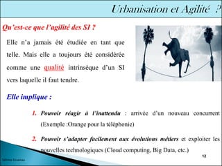 12
Qu’est-ce que l’agilité des SI ?
1. Pouvoir réagir à l’inattendu : arrivée d’un nouveau concurrent
(Exemple :Orange pour la téléphonie)
2. Pouvoir s’adapter facilement aux évolutions métiers et exploiter les
nouvelles technologiques (Cloud computing, Big Data, etc.)
Elle n’a jamais été étudiée en tant que
telle. Mais elle a toujours été considérée
comme une qualité intrinsèque d’un SI
vers laquelle il faut tendre.
Elle implique :
Sélima Essanaa
 
