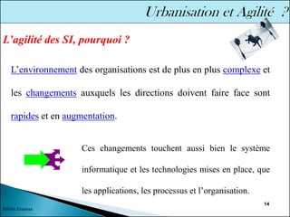 14
L’agilité des SI, pourquoi ?
L’environnement des organisations est de plus en plus complexe et
les changements auxquels les directions doivent faire face sont
rapides et en augmentation.
Ces changements touchent aussi bien le système
informatique et les technologies mises en place, que
les applications, les processus et l’organisation.
Sélima Essanaa
 