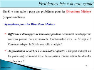 16
✓ Difficulté à développer de nouveaux produits : comment développer un
nouveau produit ou une nouvelle fonctionnalité avec un SI rigide ?
Comment adapter le SI à la nouvelle stratégie ?
✓ Augmentation de tâches à « non-valeur ajoutée » (impact indirect sur
les processus) : comment éviter les re-saisies d’information, les doubles
vérifications ?
Symptômes pour les Directions Métiers
Un SI « non agile » pose des problèmes pour les Directions Métiers
(impacts métiers)
Sélima Essanaa
 