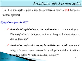 18
✓ Surcoût d’exploitation et de maintenance : comment gérer
l’hétérogénéité et la spécialisation technique des machines et
des traitements ?
✓ Diminution voire absence de la maîtrise sur le SI : comment
intégrer les nouveaux besoins de développement des directions
opérationnelles ? Quels cadres leur donner ?
Symptômes pour la DSI
Un SI « non agile » pose aussi des problèmes pour la DSI (impacts
technologiques).
Sélima Essanaa
 