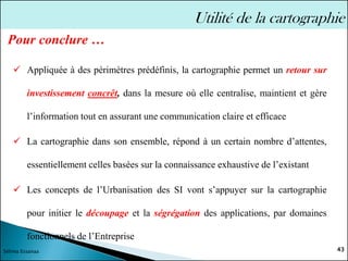✓ Appliquée à des périmètres prédéfinis, la cartographie permet un retour sur
investissement concrêt, dans la mesure où elle centralise, maintient et gère
l’information tout en assurant une communication claire et efficace
✓ La cartographie dans son ensemble, répond à un certain nombre d’attentes,
essentiellement celles basées sur la connaissance exhaustive de l’existant
✓ Les concepts de l’Urbanisation des SI vont s’appuyer sur la cartographie
pour initier le découpage et la ségrégation des applications, par domaines
fonctionnels de l’Entreprise
43
Sélima Essanaa
Utilité de la cartographie
Pour conclure …
 
