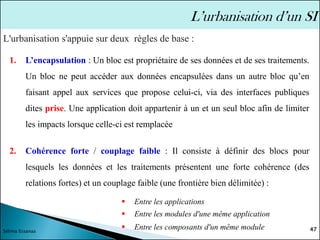 1. L’encapsulation : Un bloc est propriétaire de ses données et de ses traitements.
Un bloc ne peut accéder aux données encapsulées dans un autre bloc qu’en
faisant appel aux services que propose celui-ci, via des interfaces publiques
dites prise. Une application doit appartenir à un et un seul bloc afin de limiter
les impacts lorsque celle-ci est remplacée
2. Cohérence forte / couplage faible : Il consiste à définir des blocs pour
lesquels les données et les traitements présentent une forte cohérence (des
relations fortes) et un couplage faible (une frontière bien délimitée) :
▪ Entre les applications
▪ Entre les modules d'une même application
▪ Entre les composants d'un même module 47
Sélima Essanaa
L’urbanisation d’un SI
L'urbanisation s'appuie sur deux règles de base :
 