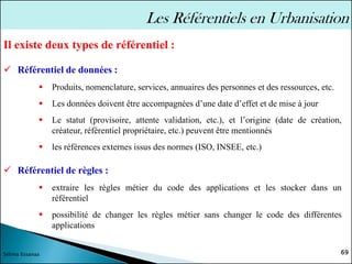 ✓ Référentiel de données :
▪ Produits, nomenclature, services, annuaires des personnes et des ressources, etc.
▪ Les données doivent être accompagnées d’une date d’effet et de mise à jour
▪ Le statut (provisoire, attente validation, etc.), et l’origine (date de création,
créateur, référentiel propriétaire, etc.) peuvent être mentionnés
▪ les références externes issus des normes (ISO, INSEE, etc.)
✓ Référentiel de règles :
▪ extraire les règles métier du code des applications et les stocker dans un
référentiel
▪ possibilité de changer les règles métier sans changer le code des différentes
applications
69
Sélima Essanaa
Les Référentiels en Urbanisation
Il existe deux types de référentiel :
 