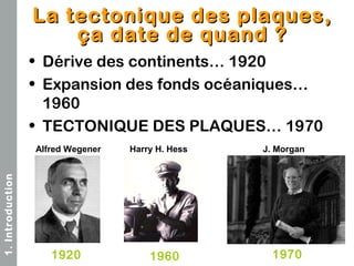  

La tectonique des plaques,
ça date de quand ?
• Dérive des continents… 1920
• Expansion des fonds océaniques…
1960
• TE...