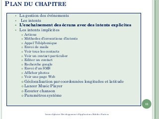PLAN DU CHAPITRE
 La gestion des évènements
 Les intents
 L’enchainement des écrans avec desL’enchainement des écrans avec des intentsintents explicitesexplicites
 Les intents implicites
 Actions
 Méthodes d’invocations d’intents
 Appel Téléphonique
 Envoi de mails
 Voir tous les contacts
 Voir un contact particulier
 Editer un contact
 Recherche google
 Envoi d’un SMS
 Afficher photos
 Voir une page Web
 Géolocalisation par coordonnées longitudes et latitude
 Lancer Music Player
 Ecouter chanson
 Paramètres système
15
Imene Sghaier-Développement d'Applications Mobiles Natives
 