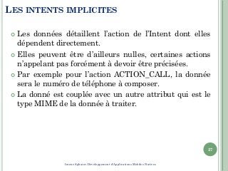 LES INTENTS IMPLICITES
 Les données détaillent l’action de l’Intent dont elles
dépendent directement.
 Elles peuvent être d’ailleurs nulles, certaines actions
n’appelant pas forcément à devoir être précisées.
 Par exemple pour l’action ACTION_CALL, la donnée
sera le numéro de téléphone à composer.
 La donné est couplée avec un autre attribut qui est le
type MIME de la donnée à traiter.
27
Imene Sghaier-Développement d'Applications Mobiles Natives
 