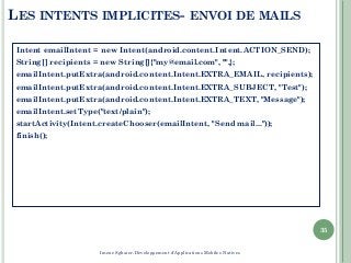 LES INTENTS IMPLICITES- ENVOI DE MAILS
Intent emailIntent = new Intent(android.content.Intent.ACTION_SEND);
String[] recipients = new String[]{"my@email.com", "",};
emailIntent.putExtra(android.content.Intent.EXTRA_EMAIL, recipients);
emailIntent.putExtra(android.content.Intent.EXTRA_SUBJECT, "Test");
emailIntent.putExtra(android.content.Intent.EXTRA_TEXT, "Message");
emailIntent.setType("text/plain");
startActivity(Intent.createChooser(emailIntent, "Send mail..."));
finish();
35
Imene Sghaier-Développement d'Applications Mobiles Natives
 