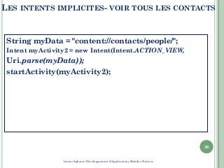 LES INTENTS IMPLICITES- VOIR TOUS LES CONTACTS
String myData = "content://contacts/people/";
Intent myActivity2 = new Intent(Intent.ACTION_VIEW,
Uri.parse(myData));
startActivity(myActivity2);
36
Imene Sghaier-Développement d'Applications Mobiles Natives
 