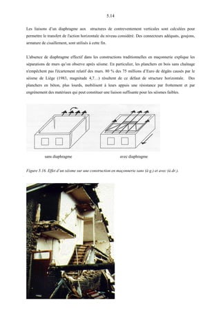 5.14
Les liaisons d’un diaphragme aux structures de contreventement verticales sont calculées pour
permettre le transfert de l'action horizontale du niveau considéré. Des connecteurs adéquats, goujons,
armature de cisaillement, sont utilisés à cette fin.
L'absence de diaphragme effectif dans les constructions traditionnelles en maçonnerie explique les
séparations de murs qu’on observe après séisme. En particulier, les planchers en bois sans chaînage
n'empêchent pas l'écartement relatif des murs. 80 % des 75 millions d’Euro de dégâts causés par le
séisme de Liège (1983, magnitude 4,7…) résultent de ce défaut de structure horizontale. Des
planchers en béton, plus lourds, mobilisent à leurs appuis une résistance par frottement et par
engrènement des matériaux qui peut constituer une liaison suffisante pour les séismes faibles.
sans diaphragme avec diaphragme
Figure 5.16. Effet d’un séisme sur une construction en maçonnerie sans (à g.) et avec (à dr.).
 