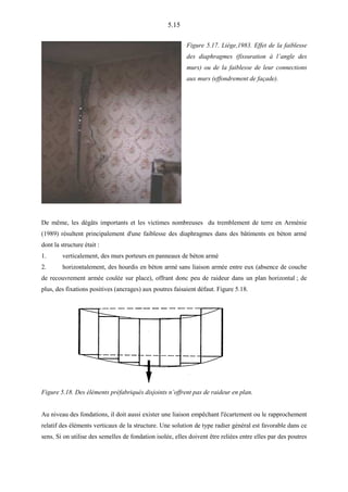 5.15
Figure 5.17. Liège,1983. Effet de la faiblesse
des diaphragmes (fissuration à l’angle des
murs) ou de la faiblesse de leur connections
aux murs (effondrement de façade).
De même, les dégâts importants et les victimes nombreuses du tremblement de terre en Arménie
(1989) résultent principalement d'une faiblesse des diaphragmes dans des bâtiments en béton armé
dont la structure était :
1. verticalement, des murs porteurs en panneaux de béton armé
2. horizontalement, des hourdis en béton armé sans liaison armée entre eux (absence de couche
de recouvrement armée coulée sur place), offrant donc peu de raideur dans un plan horizontal ; de
plus, des fixations positives (ancrages) aux poutres faisaient défaut. Figure 5.18.
Figure 5.18. Des éléments préfabriqués disjoints n’offrent pas de raideur en plan.
Au niveau des fondations, il doit aussi exister une liaison empêchant l'écartement ou le rapprochement
relatif des éléments verticaux de la structure. Une solution de type radier général est favorable dans ce
sens. Si on utilise des semelles de fondation isolée, elles doivent être reliées entre elles par des poutres
 