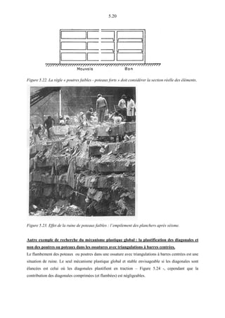 5.20
Figure 5.22. La règle « poutres faibles - poteaux forts » doit considérer la section réelle des éléments.
Figure 5.23. Effet de la ruine de poteaux faibles : l’empilement des planchers après séisme.
Autre exemple de recherche du mécanisme plastique global : la plastification des diagonales et
non des poutres ou poteaux dans les ossatures avec triangulations à barres centrées.
Le flambement des poteaux ou poutres dans une ossature avec triangulations à barres centrées est une
situation de ruine. Le seul mécanisme plastique global et stable envisageable si les diagonales sont
élancées est celui où les diagonales plastifient en traction – Figure 5.24 -, cependant que la
contribution des diagonales comprimées (et flambées) est négligeables.
 