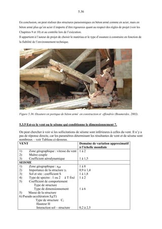 5.36
En conclusion, on peut réaliser des structures parasismiques en béton armé comme en acier, mais en
béton armé plus qu’en acier il importe d’être rigoureux quant au respect des règles de projet (voir les
Chapitres 9 et 10) et au contrôle lors de l’exécution.
Il appartient à l’auteur de projet de choisir le matériau et le type d’ossature à construire en fonction de
la fiabilité de l’environnement technique.
Figure 5.36. Ossature en portique de béton armé en construction et effondrée (Boumerdes, 2003).
5.3.5 Est-ce le vent ou le séisme qui conditionne le dimensionnement ?.
On peut chercher à voir si les sollicitations de séisme sont inférieures à celles du vent. Il n’y a
pas de réponse directe, car les paramètres déterminant les résultantes de vent et de séisme sont
nombreux – voir Tableau ci-dessous.
VENT Domaine de variation approximatif
à l’échelle mondiale
1) Zone géographique : vitesse du vent
2) Maître couple
3) Coefficient aérodynamique
1 à 2
1 à 1,5
SEISME
1) Zone géographique : agR
2) Importance de la structure γI
3) Sol et site : coefficient S
4) Type de spectre : 1 ou 2 à T fixé
5) Coefficient de comportement
Type de structure
Type de dimensionnement
5) Masse de la structure
6) Pseudo accélération Sd(T)
Type de structure Ct
Hauteur H
Interaction sol – structure
1 à 8
0,9 à 1,4
1 à 1,8
1 à 2
1 à 6
0,2 à 2,5
 