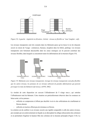 5.8
remplissages
Etage
"transparent"
Rotules
plastiques
Figure 5.8. A gauche : régularité en élévation. A droite : niveau rez flexible ou “mou”(anglais : soft).
Les niveaux transparents sont très courants dans les bâtiments parce qu’on laisse le rez de chaussée
ouvert en raison de l’usage : commerces, bureaux, réception dans les hôtels, parkings. Les niveaux
transparents sont fortement déconseillés dans les zones sismiques car ils peuvent constituer des
niveaux flexibles, dans lesquels se concentrent toutes les déformations de la structure (Figure 5.9).
Figure 5.9. Bâtiments avec niveaux transparents. Lorsque les niveaux transparents sont plus flexibles
que les autres niveaux, les poteauxs de ces niveaux subissent de grandes déformations qui peuvent
provoquer la ruine du bâtiment (soft storey), (AFPS, 2002)
Le résultat de cette disposition est souvent l’effondrement de l’ « étage mou », qui entraîne
l’effondrement total du bâtiment. Cette situation est particulièrement observée dans les ossatures en
béton armé, où les poteaux :
- sollicités en compression n’offrent pas ductilité vis-à-vis des sollicitations de cisaillement et
flexion alternés
- sollicités en traction offrent peu de résistance en flexion.
La solution est de conférer à ces niveaux ouverts une rigidité comparable à celle des autres niveaux,
par exemple par un contreventement en façade ou en découplant les allèges (dissociation des colonnes)
et en permettant d’égaliser la hauteur libre des colonnes de la structure principale (Figure 5.10). Le
 