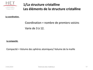 Campus centre

1/La structure cristalline
Les éléments de la structure cristalline

La coordination.

Coordination = nombre de premiers voisins
Varie de 3 à 12.

La compacité.

Compacité = Volume des sphères atomiques/ Volume de la maille

27/01/2014

Sciences des matériaux

17

 
