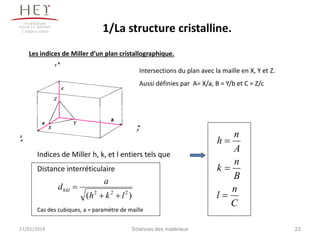 1/La structure cristalline.

Campus centre

Les indices de Miller d’un plan cristallographique.
Intersections du plan avec la maille en X, Y et Z.
Aussi définies par A= X/a, B = Y/b et C = Z/c

n
A
n
k
B
n
l
C
h

Indices de Miller h, k, et l entiers tels que
Distance interréticulaire

d hkl 

a
(h 2  k 2  l 2 )

Cas des cubiques, a = paramètre de maille
27/01/2014

Sciences des matériaux

23

 