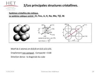 2/Les principales structures cristallines.
Campus centre

Systèmes cristallins des métaux.
Le système cubique centré : Cr, Fe, Li, K, Na, Mo, Ti, W.

Motif de 2 atomes en (0,0,0) et (1/2,1/2,1/2).
Empilement non compact . Compacité = 0.68
Direction dense : la diagonale du cube

27/01/2014

Sciences des matériaux

28

 