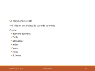 La commande create
=>Création des objets de base de données
Create:
 Base de données
 Table
 utilisateur
 Index
 Vues
 rôles
 Schéma
SMI5/LPII FS Agadir : 20-21 BASES DE DONNÉES 10
 