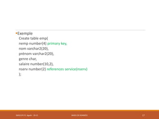 Exemple
Create table emp(
nemp number(4) primary key,
nom varchar2(20),
prénom varchar2(20),
genre char,
salaire number(10,2),
nserv number(2) references service(nserv)
);
SMI5/LPII FS Agadir : 20-21 BASES DE DONNÉES 17
 