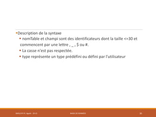 Description de la syntaxe
 nomTable et champi sont des identificateurs dont la taille <=30 et
commencent par une lettre , _ , $ ou #.
 La casse n'est pas respectée.
 type représente un type prédéfini ou défini par l'utilisateur
SMI5/LPII FS Agadir : 20-21 BASES DE DONNÉES 30
 