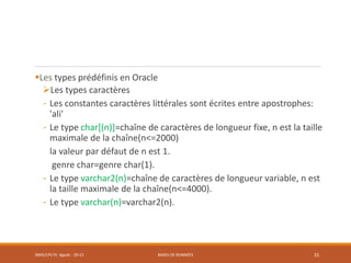 Les types prédéfinis en Oracle
Les types caractères
- Les constantes caractères littérales sont écrites entre apostrophes:
'ali'
- Le type char[(n)]=chaîne de caractères de longueur fixe, n est la taille
maximale de la chaîne(n<=2000)
la valeur par défaut de n est 1.
genre char=genre char(1).
- Le type varchar2(n)=chaîne de caractères de longueur variable, n est
la taille maximale de la chaîne(n<=4000).
- Le type varchar(n)=varchar2(n).
SMI5/LPII FS Agadir : 20-21 BASES DE DONNÉES 31
 