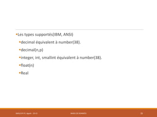 Les types supportés(IBM, ANSI)
decimal équivalent à number(38).
decimal(n,p)
integer, int, smallint équivalent à number(38).
float(n)
Real
SMI5/LPII FS Agadir : 20-21 BASES DE DONNÉES 35
 