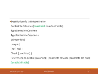 Description de la syntaxe(suite)
ContrainteColonne=[constraint nomContrainte]
TypeContrainteColonne
TypeContrainteColonne =
primary key|
unique |
[not] null |
Check (condition) |
References nomTable[(colonne) ] [on delete cascade|on delete set null]
[enable|disable]
SMI5/LPII FS Agadir : 20-21 BASES DE DONNÉES 41
 