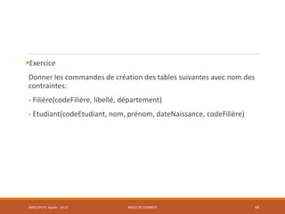 Exercice
Donner les commandes de création des tables suivantes avec nom des
contraintes:
- Filière(codeFilière, libellé, département)
- Etudiant(codeEtudiant, nom, prénom, dateNaissance, codeFilière)
SMI5/LPII FS Agadir : 20-21 BASES DE DONNÉES 44
 